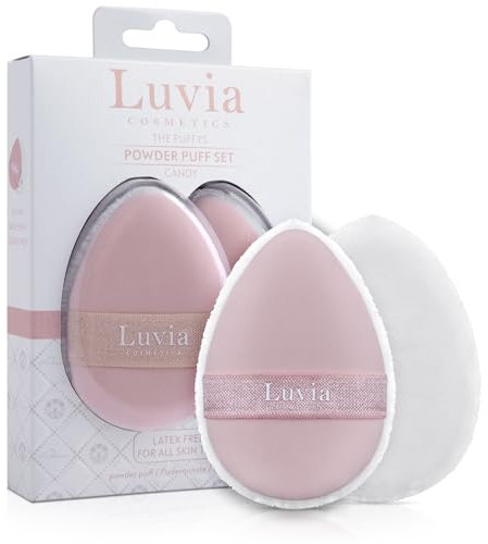 The Puffys Luvia Cosmetics - Juego de 2 pompones de maquillaje de doble cara, banda elástica reversible, borla de polvo profesional para texturas líquidas y en polvo en blanco y rosa