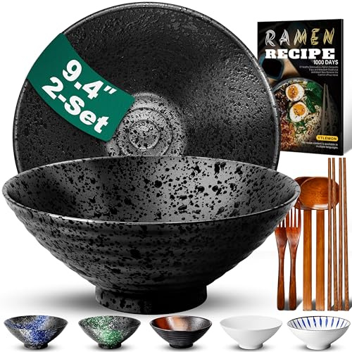 Ramen Skål Keramikset 2×1700 Ml, 57 Oz Japansk Porslinsservis Med Gaffel Ätpinnar Sked Och Recept Soppskålar Blandningsskålar För Nudlar Spannmål Sallader Presenter Till Nya Hem