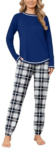 Ekouaer Pigiama Set Donna Manica Lunga Abbigliamento da Notte Lungo Pigiami Invernale Girocollo Blu Navy M