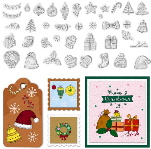 Threetols Christmas Theme Clear Stamps for Card Making, Christmas Wreath Tree Snowflake Silicone Stamps for Holiday Card Making Decor DIY Scrapbooking Transparent Album Decor Paper Craft