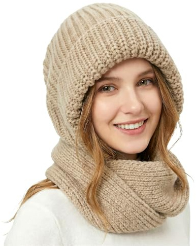 AYPOW kvinnor vinter stickad mössa halsduk set 2 i 1, vindtät varm mössa keps tjock fleece fodrad termisk integrerat öronskydd huva halsduk damer balaklava snood mössor utomhusaktiviteter, Khaki, en