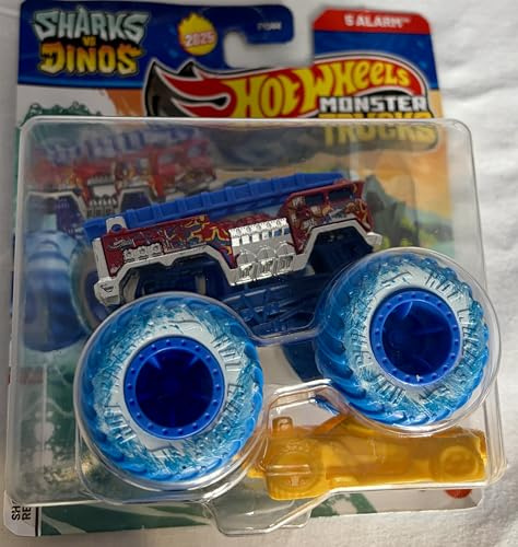 Hot Wheels Monster Trucks Sharks Vs. Dinos Team Shark 5 Alarm, 6/8, inklusive Crushed Car, Neu für 2025! Druckguss-Spielzeugfahrzeug im Maßstab 1:64