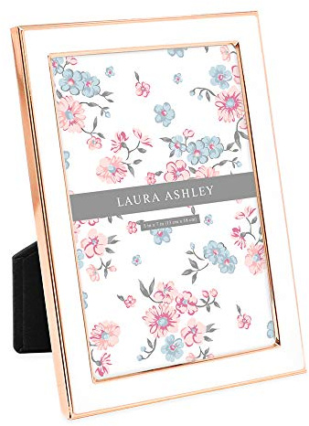 Laura Ashley 5x7 White Enamel Picture Frame, Rose Gold Metal Edge with Easel, for Countertop, Counterspace, Tabletop Display, Bookshelf, Desk, Wall Décor, Photo Gallery