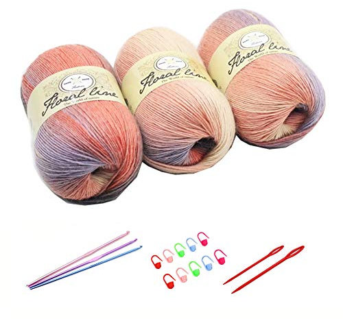 YAMEE 3 Stück 100 g Handstrickgarn farbverlauf wolle zum stricken Farbverlaufswolle Häkelgarn Stricken Garn Hand Gestrickt Garn Weberei Garn mit Häkelhaken und Häkelgarn Set