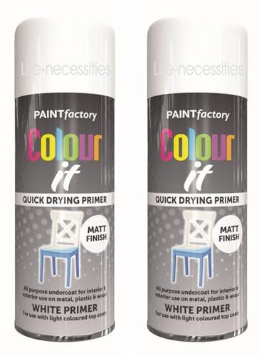 Brilliant White Primer Spray Paint, 2 X 400ML Color It Spray Paint For Metal, Wood, & Plastic, All-Purpose Undercoat Matt Finish White Spray Paint, Wood Spray Paint Can by Paint Factory.