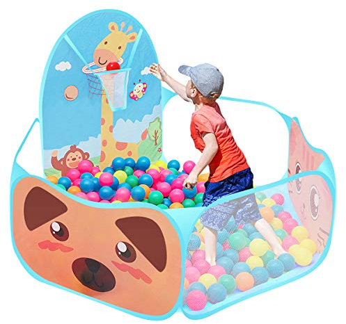 Esenlong Bällebad, niedliche Kinder-Pop-Up-Zelt, zusammenklappbar, mit Basketballkorb, für 6 Monate bis 5 Jahre
