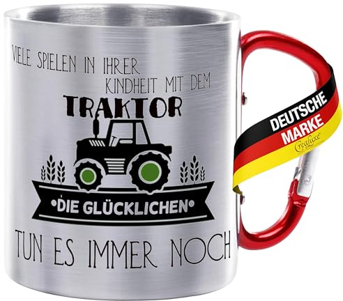 Crealuxe Edelstahltasse mit Karabiner - Viele spielen in der Kindheit mit einem Traktor. Die Glücklichen tun es immer noch - Tasse bedruckt, Kaffeetasse, Bürotasse, Metalltasse mit Name