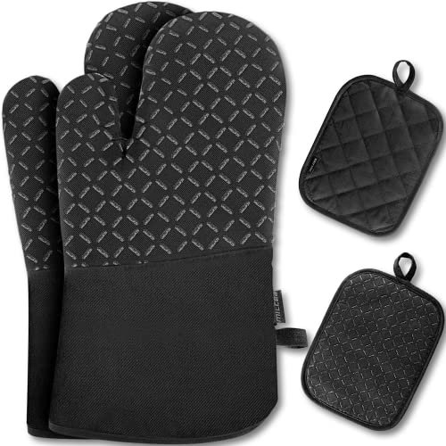 Milcea Manoplas Horno y Almohadillas Aislantes Juego De 4 - Resistentes Al Calor De 300°c, Antideslizantes Guantes Horno Silicona, Algodón Suave, Largo y Flexible Guantes para Horno, Negro