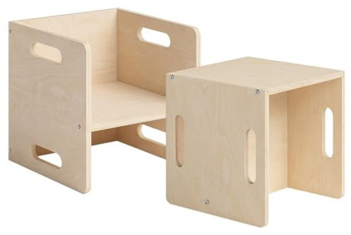 Bellabino Aki Wendehocker 2er-Set – 2in1 Kinderhocker/Beistelltisch aus Holz Natur – Montessori Kinderstuhl aus Birke für Kinderzimmer – multifunktionaler Sitzhocker mit 3 Sitzhöhen – 34 x 35 x 35 cm