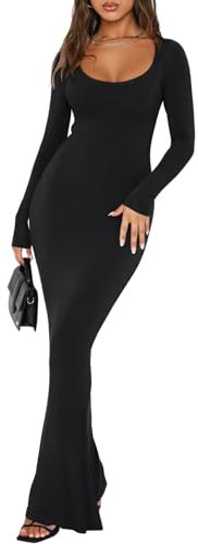 REORIA Womens Sexy Casual Scoop Square Neck Long Sleeve Soft Lounge Long Dress Fall Wedding Guest Elegant Ribbed Bodycon Maxi Dresses Black Small
