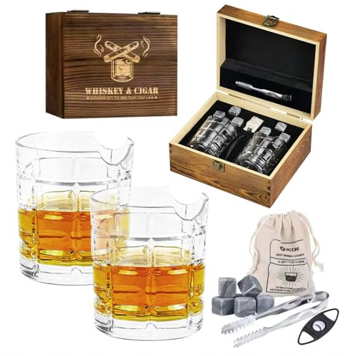 VKDONE Whiskey Cigar Glasses Gift Set for Men - Crystal Old Fashioned Glasses, Whiskey Stones, Cigar Cutter, Tongs, Burlap Bag - Luxury Gift for Whiskey & Cigar Lovers, Dad, Husband, Father's Day