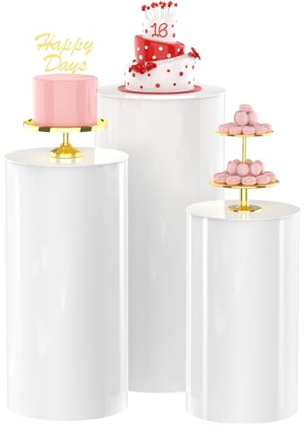 Wokceer Cylinder Pedestal Stands for Party White 3Pcs Large Round Cylinder Tables for Parties Pedestal Display Plinth Pillars for Wedding Birthday Party Art Decor 15.7*35.4(L)