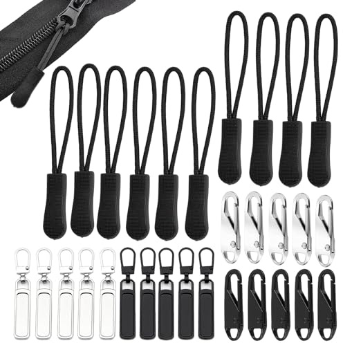 30 Pezzi Tiralampo Set, Chiusure Lampo Estensione in Nylon con 10 Molle a Zip, 10 Pendenti per Zip, Tira Zip Estensione, Tiretto Cerniera da Infilare Nere per Zaini, Giacche, Bagagli
