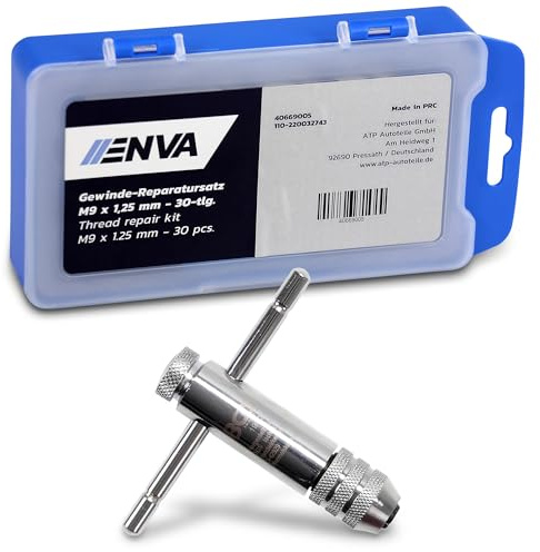 ENVA Gewinde Reparatursatz 30TLG. M9 x 1,25 mm + Werkzeughalter mit Gleitgriff für Gewindebohrer M3 - M10 80mm Helicoil Set für einfache und präzise Gewindeerneuerung