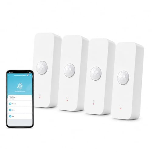 WiFi rörelsesensor, smart rörelsedetektor Tuya PIR för hemsäkerhet, trådlös rörelsesensor med fjärrövervakningsapp, röstkommando kompatibel med Alexa (4-pack)