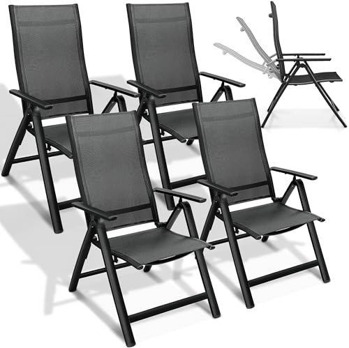 tillvex® Gartenstuhl Hochlehner 4er Set klappbar mit Armlehnen Wetterfest | Klappstuhl 7-fach Verstellbar | Campingstuhl Klappbar & Atmungsaktiv | Gartenstühle Balkon Terrasse Aluminium
