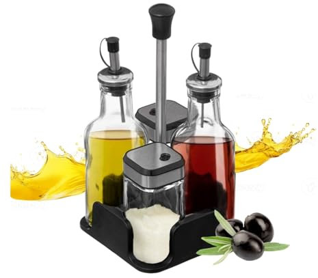 DAMDAM GO Set de Aceitera de Cristal para Cocina, Juego de Aceitera, Vinagrera, Salero y Pimentero, con Tapón Anti-Suciedad