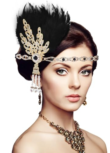 XIEXIESHER 1920s Kopfschmuck, Federschmuck Haare, Federboa Schwarz mit Haare Katzenaugen-Diamant für Halloween Karneval Party Hochzeit Tee-Party Dekoration Accessoire für Great Gatsby Damen