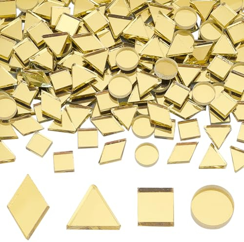 AHANDMAKER 180 Stück Mosaikfliesen 4 Stile Gemischte Formen Glasspiegel Glasfliesen Mosaikfliesen Spiegel DIY Fliesen Zum Basteln Innenausstattung Kartenherstellung Gold