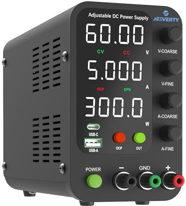 Jesverty DC Power Supply Variable, 0-60V 0-5A Switching Bench Power Supply with 20W USB & Type-C Quick-Charge, Encoder Corase & Fine Adjustment Knob, Output Switch, 4-Digit LED Display - SPS-6005V
