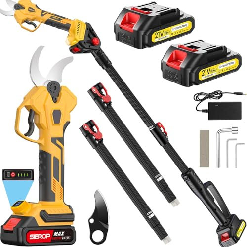 Tijeras de podar eléctricas, tijeras de podar inalámbricas de 2,5-4 cm para jardín con varilla de extensión telescópica de 2,5 m, tijeras de podar resistentes con pantalla LED y hoja de aleación