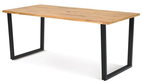 TANGZON Solid Acacia Wood Garden Table, 175 x 80cm Large Outdoor Dining Table with Parasol Hole & Chunky Metal Legs, 6 Seater Dining Furniture for Patio Backyard Terrace Bistro