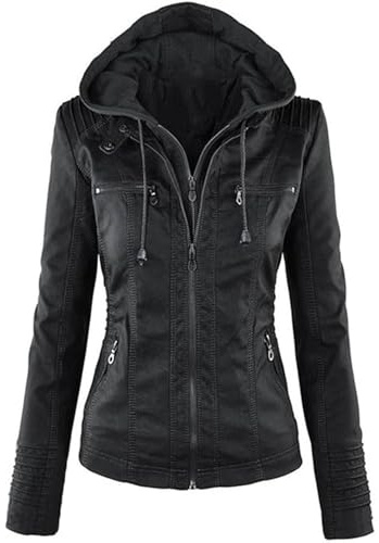 Women's Lightweight Leather Jacket Waterproof Motorcycle Bomber Jacket Vintage PU Moto Biker Coat With Removable Hood, black, 3XL
