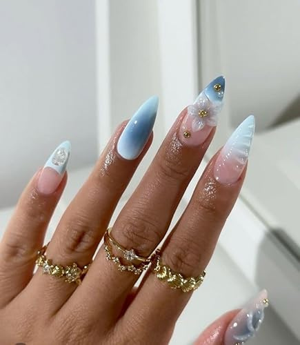 MouyouGlow 30 Pieces Press on Nails Kurz,Almond Blau French Gradient 3D Blumen Floral Design Water Rib Pearl Y2K Fake Nails mit Nagelkleber,Blue Tips Ombre Flowers Sommer INS Künstliche Fingernägel
