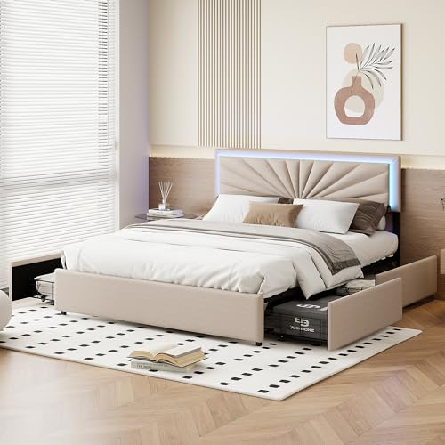 Letto matrimoniale imbottito 140 x 200 cm con 4 cassetti, letto imbottito 140 x 200 cm con porta USB, letto portaoggetti con rete a listelli, letti matrimoniali per adulti e adolescenti (beige, 140 x