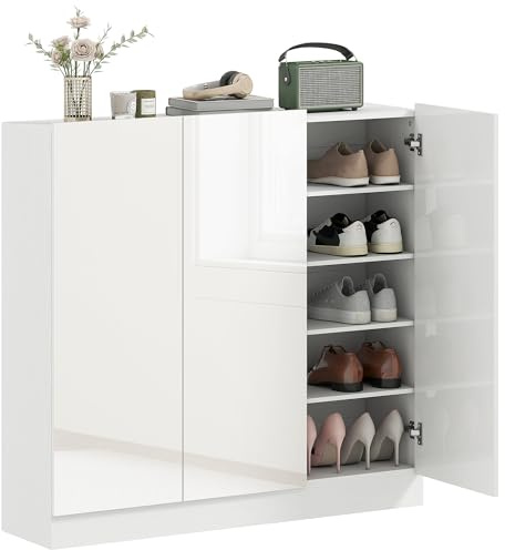 HOMCOM Schuhschrank Verstellbare Ablagen Hochglanztüren 106,4x34x108,5cm | Schuhregal, Belüftungslöchern, Schuhaufbewahrung mit Soft-Close-Funktion, Schuhkommode, für 25–30 Paar Weiß