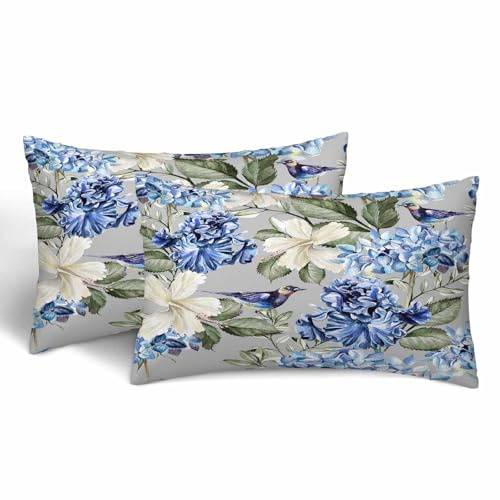 Orythyra Blue Hydrangea 12 X 20 Throw Pillow Covers Set of 2 Spring Flowers Hibiscus Iris Leaf and Bird Cushion Pillow Cases Rectangular Velvet Outdoor Decorative Home Bed Sofa Couch Office Hotel