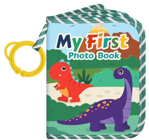 Lanpn Baby Fotoalbum 17 10x15 Fotos, Babyalbum mit Beißring Anhänger Fotobuch zum Stoff,Einsteckalbum Erinnerungsbuch Gesichter Geschenk für Babyparty Neugeborene Kleinkindjunge Mädchen Dinosaurier