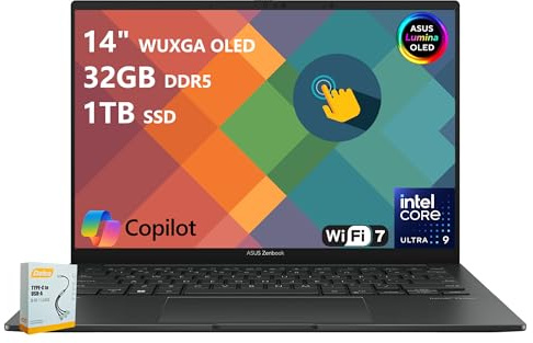 ASUS Zenbook 14 Copilot AI Laptop | 14 WUXGA OLED Touch (100% DCI-P3, 500 nits HDR) | Intel 16-Core Ultra 9 285H | 32GB DDR5 1TB SSD | for Creator Business Professional Win11 w/DLCA Accessory