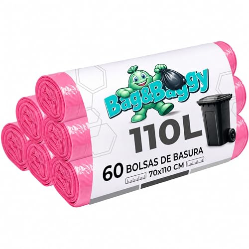 Bag&Baggy - 60 bolsas de basura rosas de 110 litros, 70 x 110 cm, alta resistencia, antigoteo y antidesgarro, con cordones de cierre, 6 rollos de 10 unidades