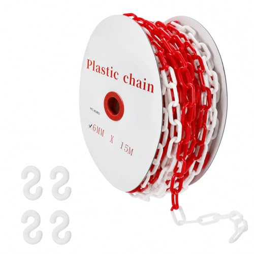 Cadena de seguridad de plástico rojo y blanco, 6 mm x 15 m, cadena de advertencia, cadena de plástico con 4 ganchos en S, cadenas de barrera para obras, aparcamientos, colas y cuidado de pedidos