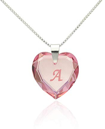 Damen Halskette 925 Silber mit SWAROVSKI ELEMENTS Herz Anhänger Rosé AB und Buchstabengravur A - Z, Herzkette als Geschenk für die Frau, Freundin oder zum Valentinstag