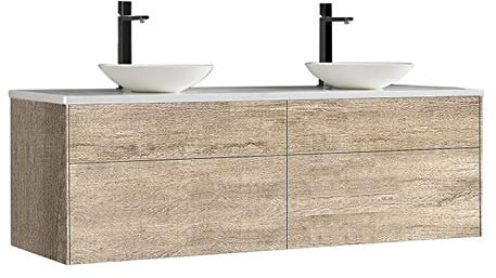 StoneArt Badmöbel Set Mineralguss Waschbecken Waschschale Aufsatzwaschbecken und Unterschrank Waschtisch Einzel- oder Doppelwaschbecken Venice VE-1600pro-4 Eiche hell 160cm