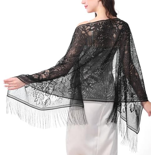Ladiery Damen Blumen Umschlagtuch Umhang Schal Spitzenschal Schal mit Quasten, weiches Netz Fransen Wraps für Hochzeit, Party