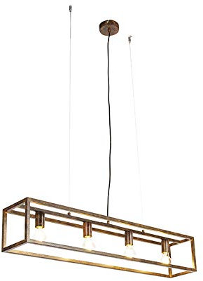 Qazqa Esstisch Industrie Pendelleuchte, Pendellampe - Cage - Rostbraun, Landhausstil, Rechteckig, 4-flammig, 100cm, Ideal als Esszimmerlampe, Küche lampe, Schlafzimmerlampe und Wohnzimmerlampe