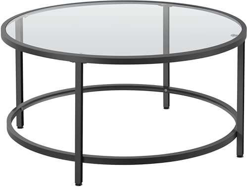Yaheetech 36 Round Glass Coffee Table, Black Circle Coffee Table Center Table with Glass Top, Small Coffee Table for Living Room, Office & Apartment