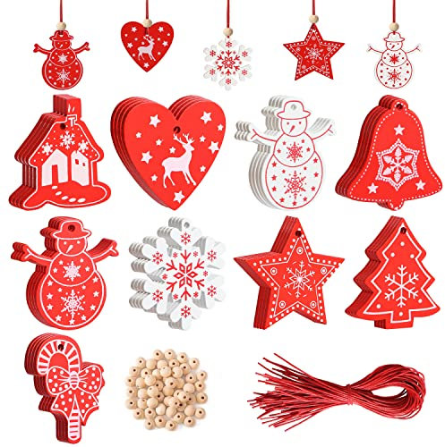 36 pcs Ensemble d'ornements d'arbre, Bois Pendentifs Decoration pour Sapin de Noël en Bois Artisanat Bricolage (Rouge et Blanc)