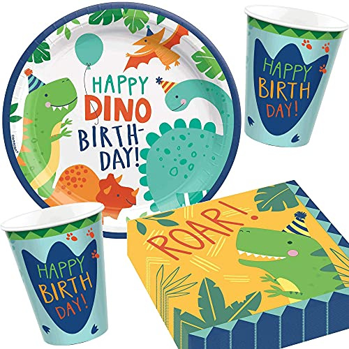 Carpeta 33-TLG. Party-Set * Dino-MITE * mit Teller, Becher, Servietten und Deko für Kindergeburtstag und Dino Mottoparty | Kinder lieben diesen Dinosaurier zum Geburtstag und Party