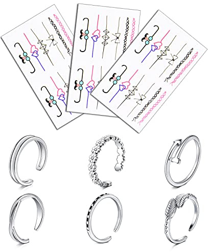 JFORYOU Offenen Verstellbar Zehenring und klein Tattoo Aufkleber Einstellbar Strand Fußkettchen Fußschmuck Set für Frauen Mädchen