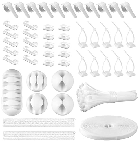 CHZHLI White Cable Management Organizer Kit, 2 Wire Sleeve Protector, 41 Self Adhesive Cable Clips Holder, 10pcs+2 Roll Reusable Cable Ties and 100 Cable Zip Ties for TV Computer Cord Tidy Under Desk