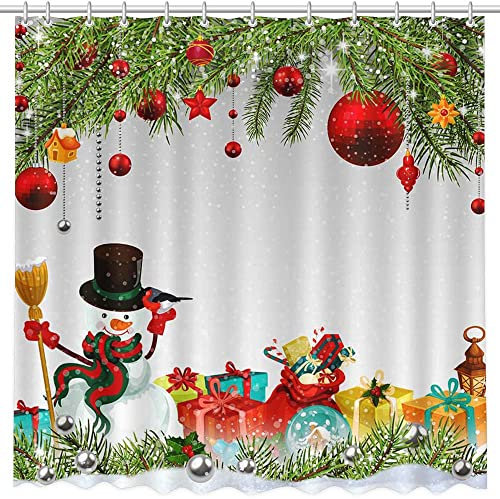 MEHOFOND 72x72inch Winter Shower Curtain Christmas Shower Curtain Snowman Snowflake Pine Bathroom Decoration Modernize Waterproof Family Tub Accessory Polyester With 12 Hooks