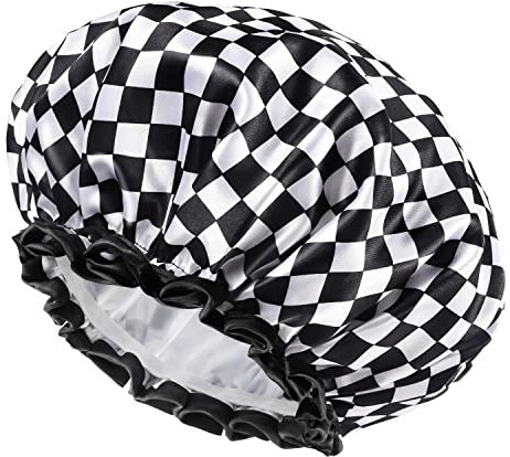 mikimini Duschhaube Damen, Doppelschichtig, Wasserdicht, Wiederverwendbar, Waschbare Badehaube für Damen Mädchen mit dickes Haar, schlichtem Schachbrettmuster, Mittel 2 Stück