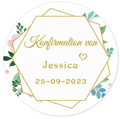 50 STICKER PERSONALISIERT Konfirmation Aufkleber Blumenkranz Gastgeschenk Sticker 40MM Danke Etiketten zur Taufe Geburt Kommunion Geschenk Tüten Flaschen - Rd 359 (003)