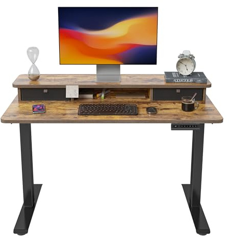 FEZIBO Height Adjustable Electric Standing Desk with Double Drawer, 100 * 60cm Stand Up Table with Storage Shelf, Sit Stand Desk with Splice Board, Black Frame/Rustic Brown Top