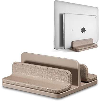 CoStySee Leather Vertical Laptop Stand,Dual Laptop Holder Stand,Laptop Organizer with Adjustable Dock (18-26mm/0.7-1 in) for All MacBook/Tablet/Surface/Dell/iPad (Apricot)
