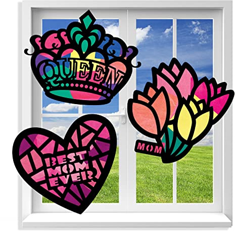 VHALE Suncatchers Craft 3 Sets (9 Cutouts) w Tissue Papers Stained Glass Effect Paper Sun Catcher Kit, Window Art, Classroom Crafts, Creative Art Projects, Kids Party Favors (Mother’s Day)